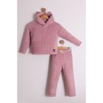Unisex Çocuk Kapüşonlu Mickey Mouse Etiket Detaylı Peluş Sweatshirt ve Peluş Pantolon 2'li Alt Üst Takım - 4 - 5 Yaş - Gül Kurusu