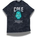 Unisex Cole Yazılı Yıkamalı T-Shirt, Oversize Cole Rap Temalı Vintage Tişört - Siyah - XS