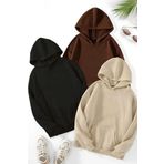 Unisex Duz 3 Lu Baskisiz Kapusonlu Oversize Sweatshirt