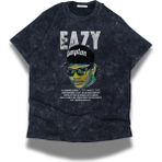 Unisex Eazy Yazılı Yıkamalı T-Shirt, Oversize Rapper Eazy Temalı Vintage Tişört - Siyah - XS