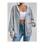 Unisex Gri Kalp Baskılı Ince Mevsimlik Kapşonlu Oversize Hırka