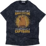 Unisex I'm Actually A Capybara Yazılı Yıkamalı T-Shirt, Oversize Capybara Temalı Vintage Tişört - Siyah - 3XL