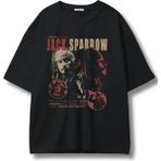 Unisex Jack Sparrow Yazılı Tişört, Oversize Johnny Depp Baskılı Bisiklet Yaka T-Shirt - Siyah - XL