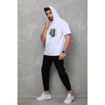Unisex Kapşonlu Kolsuz Oversize Baskılı Tişört - Beyaz - 0 Siyah