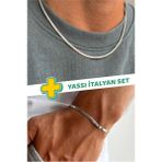 Unisex Kararmaz Paslanmaz Garantili Yassı Italyan Çelik Kolye Bileklik Set - Gümüş