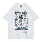 Unisex karikatür tişörtler Harajuku Kawaii kedi mektup baskılı kısa kollu Tees çift gevşek giysiler Y2K Tops, Beyaz, XL