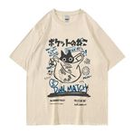 Unisex karikatür tişörtler Harajuku Kawaii kedi mektup baskılı kısa kollu Tees çift gevşek giysiler Y2K Tops, Haki, S