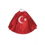 Unisex Kırmızı Saten Ay Yıldız Baskılı El Geçirmeli 23 Nisan Pelerin