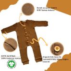 Unisex Kız ve Erkek Bebek Tulum, Düz Renkli Ahşap Düğme Tasarımlı Organik Bebek Tulumu - 6 - 9 Ay - Kahverengi