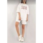Unisex Kombin Şıklığı Beyaz Nakış İşleme Detaylı Şortlu Takım () 2'Li Set