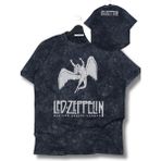 Unisex LED Zeppelin Ense Baskılı Yıkamalı T-Shirt, Oversize Rock Grup Temalı Retro Tişört - Siyah