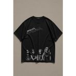 Unisex Metallica Grup Resimli Baskılı Tişört, Oversize Rock Band Temalı Bisiklet Yaka T-Shirt - Siyah - XS