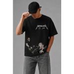 Unisex Metallica James Yazılı Tişört, Oversize Rock Band Temalı Bisiklet Yaka T-Shirt - Siyah - 3XL