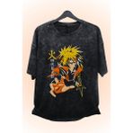 Unisex Naruto Minato Namikaze Baskılı Yıkamalı Tişört, Oversize Anime Baskılı Vintage T-Shirt - 2XL - Siyah