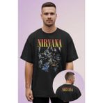 Unisex Nirvana Ense Baskılı Tişört, Oversize Rock Band Temalı Bisiklet Yaka T-Shirt - Siyah - 4XL