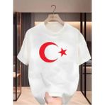Unisex Oversize Baskılı Pamuklu Bisiklet Yaka Kısa Kollu Beyaz T-Shirt Ay Yıldız Kırmızı - XL