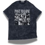 Unisex Post Malone Yazılı Yıkamalı T-Shirt, Oversize Rapper Temalı Vintage Tişört - Siyah - XS