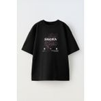 Unisex Sakura Çiçek Tasarım Baskılı Pamuk Sıyah Oversize T-Shirt - Siyah