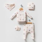Unisex Sevimli Tavşan Desenli Natural 5li Hastane Çıkışı Zıbın Seti
