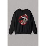 Unisex Sweatshirt Skull Kuru Kafa Wampir Dudak Kadın Dudağı Baskılı Sweat Siyah