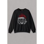 Unisex Sweatshirt Tiger Wild Cat Kaplan Fesli Noel ŞapkAli Yılbaşı Christmas Baskılı Sweat Siyah