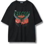 Unisex The Falcon Baskılı Tişört, Oversize Dizi Temalı Bisiklet Yaka T-Shirt - Siyah
