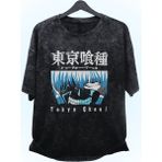 Unisex Tokyo Ghoul Baskılı Yıkamalı Tişört, Oversize Anime Baskılı Eskitme T-Shirt - 3XL - Siyah