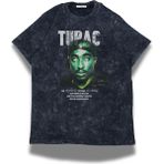 Unisex Tupac Yazılı Yıkamalı T-Shirt, Oversize 2pac Rap Temalı Retro Tişört - Siyah - 4XL