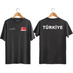 Unisex Türkiye Yazılı Atatürk Imzalı Türk Bayrağı Baskılı Tişört Ayyıldızlı T-Shirt (Normal Kalıp) - Siyah