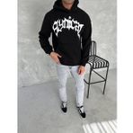 Unisex Üç İplik Kapşonlu Baskılı SweatShirt - Siyah