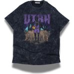 Unisex Utah Yazılı Yıkamalı T-Shirt, Oversize Basketbol Temalı Bisiklet Yaka Vintage Tişört - Siyah - 3XL