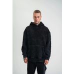 Unisex Uzun Kol Kapşonlu Yıkamalı Nakışlı SweatShirt - Siyah