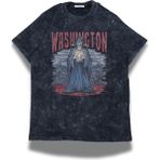 Unisex Washington Yazılı Yıkamalı T-Shirt, Oversize Basketbol Temalı Bisiklet Yaka Retro Tişört - Siyah