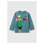 United Colors of Benetton Erkek Çocuk Gri-Yeşil Tazmanya Baskılı Logo Etiketli Oversize Uzun Kollu T-shirt