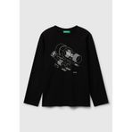 United Colors Of Benetton Erkek Çocuk Önü Logo Baskılı Bisiklet Yaka Uzun Kollu T-Shirt,Siyah 6-7 Yaş