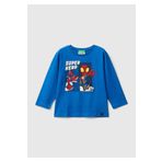 United Colors of Benetton Erkek Çocuk Saks Mavi Etek Ucu Logo Etiketli Spiderman Baskılı Uzun Kollu T-Shirt