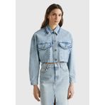 United Colors of Benetton Kadın Mavi%100 Pamuk Yama Cepli Crop Kesim Denim Ceket