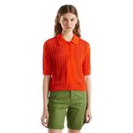 United Colors of Benetton Kadın Nar Çiçeği%100 Pamuk Tığ İşi Kolları Büzgülü Polo Yaka Triko T-Shirt S