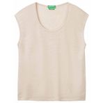 United Colors of Benetton Kadın Taş Rengi %100 Keten Yanları Yırtmaçlı Relax Fit Yuvarlak Yaka T-Shirt