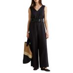 United Colors Of Benetton Kadın%100 Keten Kuşaklı Bedeni Oturan Wide Leg V Yaka Tulum,Siyah L