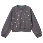 United Colors of Benetton Kız Çocuk Antrasit Önü Taş Detaylı Ribanalı Bisiklet Yaka Sweatshirt, Antrasit, 8-9 Yaş