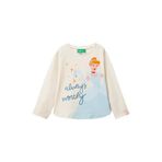 United Colors of Benetton Kız Çocuk Ekru Önü Prenses Baskılı Etek Ucu Yuvarlak Uzun Kollu T-Shirt