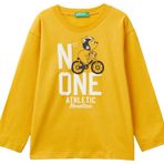 United Colors of Benetton Önü Araç Baskılı Bisiklet Yaka Uzun Kollu T-Shirt Erkek Çocuk T-Shirt, Hardal Sarı, 90