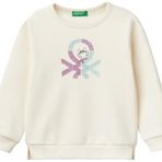United Colors of Benetton Önü Simli Logo Baskılı Etek Ucu Yırtmaçlı Regular Fit Sweatshirt Kız Çocuk Sweatshirt, Gül Kurusu Mix, 82