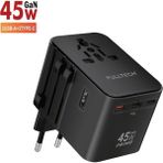 Universal Seyahat Priz Dönüştürücü Adaptör, 45W Şarj Cihazı, 2x USB Girişi, 3x Type-C Girişi, Uluslararası Güç Adaptörü, Tr, Us, Uk, Eu, Au Evrensel Uyum - Siyah