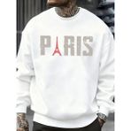 Ünlü Paris Kulesi Desen Kazak Erkekler O-Boyun Giysileri Sonbahar Polar Retro Kazak Gevşek Un - Beyaz