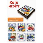 UNT 6’lı MDF Bardak Altlığı Meyve Desenli Dekoratif Saklama Kutusu Hediyeli