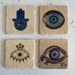 Unt Taş Bardak Altlığı Stone Coasters - 4 Lü Set Hamsa, Nazar Boncuğu