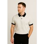 UOMO PARK 2120 Erkek Ekru Siyah Yakalı Polo Yaka Tişört Mikro Puantiyeli Desen, Regular Fit, Şık Günlük Stil