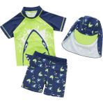 UPF50+ Güneş Korumalı Şort T-Shirt Şapka Mayo Set Neon Yeşil Laci Shark - 4 - 5 Yaş - Neon Lacivert